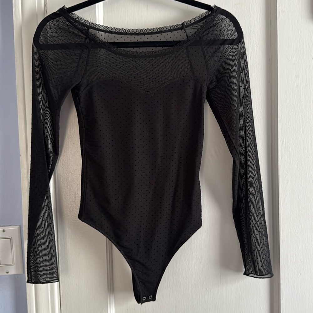Abercrombie and Fitch Black Mesh Body Suit With Lace Trim Neckline Size XS